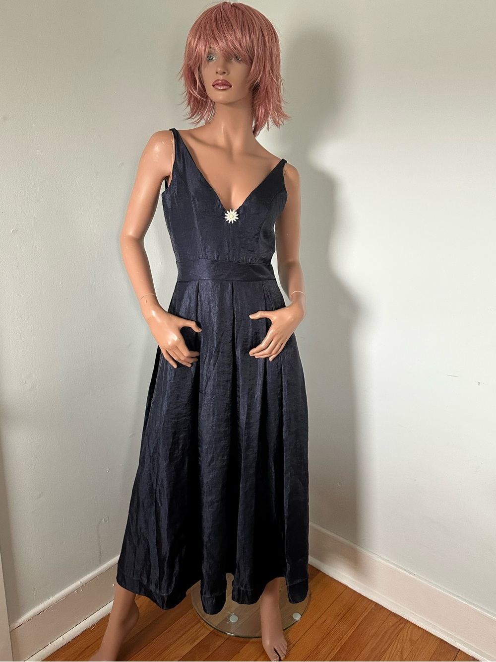 NWOT Handmade Navy Crinkle Satin Dress with Low Back